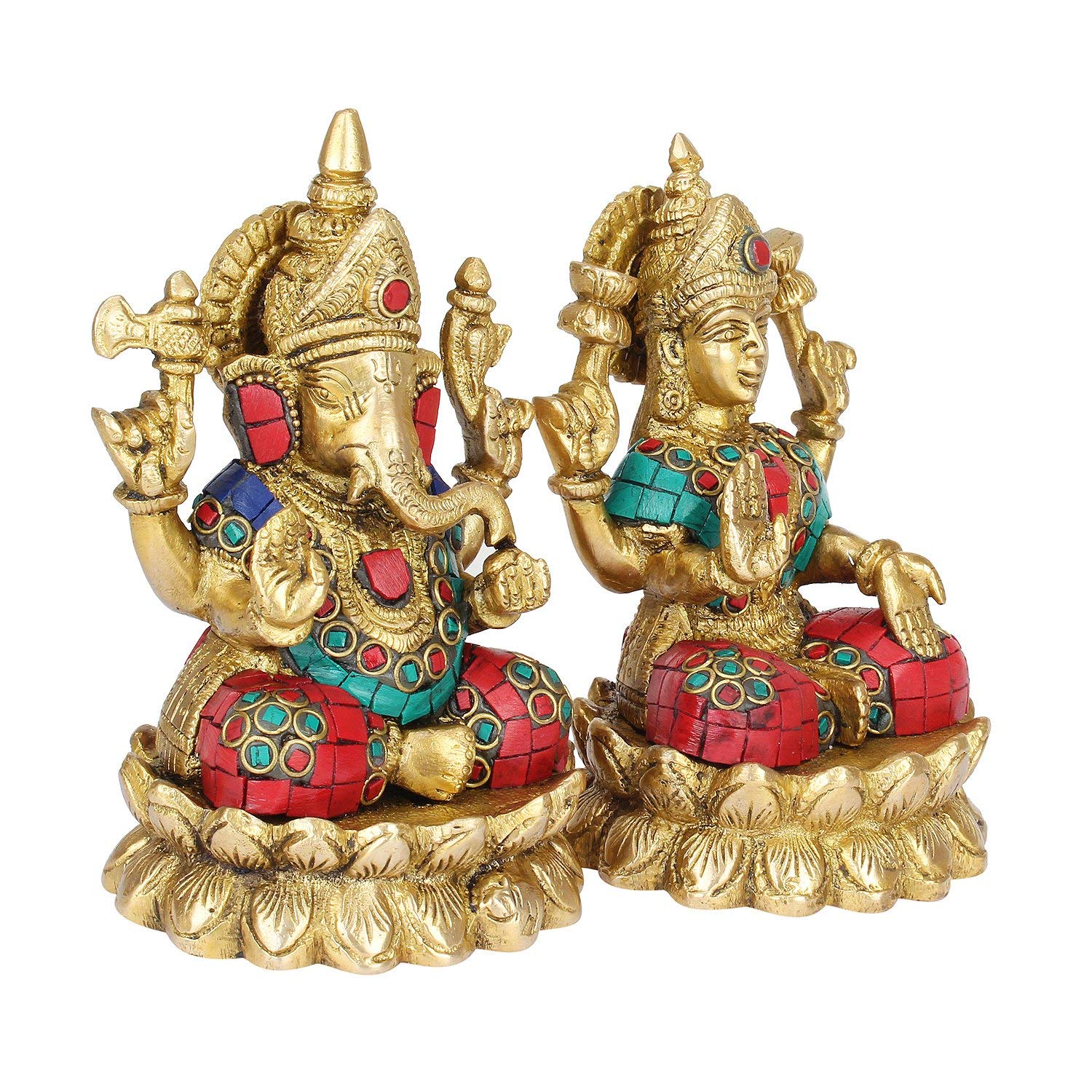 Kartique Brass Laxmi Ganesh Sitting On Lotus Flower Idol | Laxmi Ganesha Statue | Ganpati Murti | For Home Dcor | Gift | Height